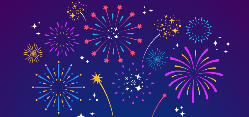 An illustration of vibrant fireworks bursting in various shapes and colors against a dark night sky, representing a loud festive celebration