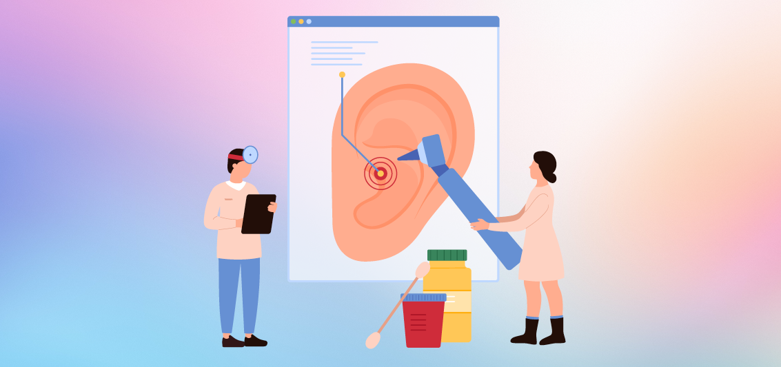 Medical illustration of a doctor with a clipboard and an assistant pointing a large otoscope at an ear diagram